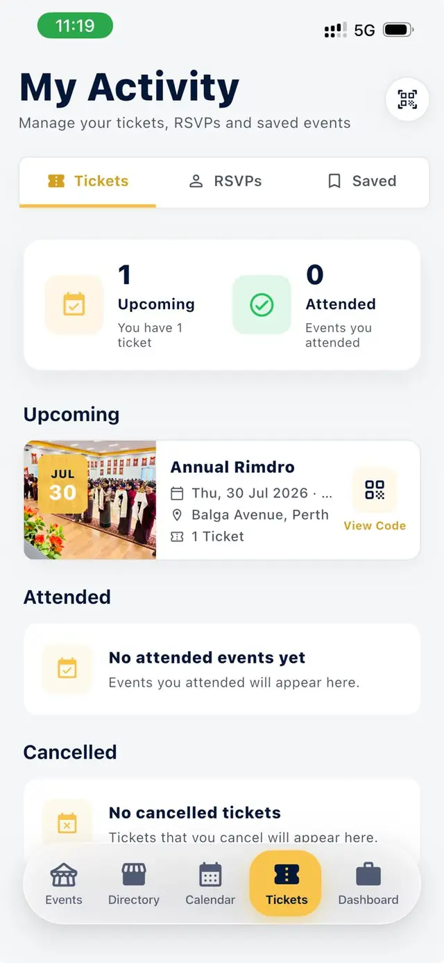 My Activity — tickets, RSVPs and saved events