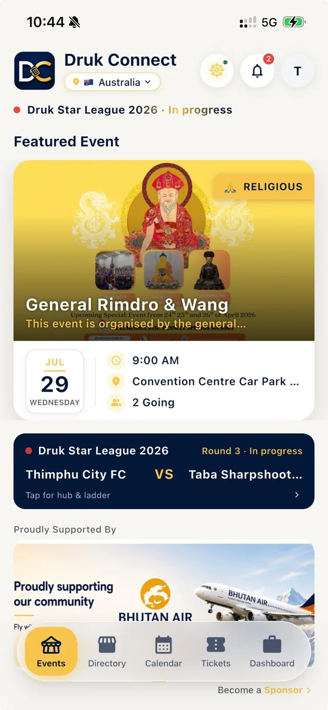 Druk Connect home — featured event, live tournament score and community sponsor